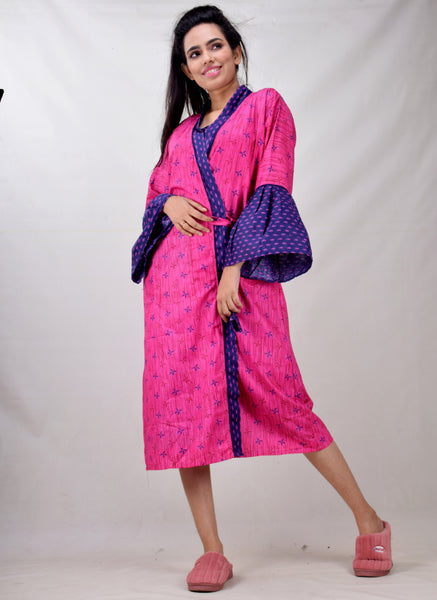 CLYMAA Women Exclusive Pure Cotton Two pcs Night Gown Set Sleeveless Inner with Full Sleeves Robe/Housecoat-(TWMIXSHORT2134023PK)