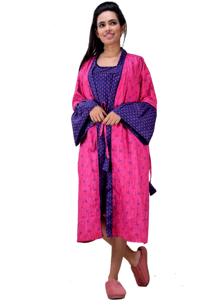 CLYMAA Women Exclusive Pure Cotton Two pcs Night Gown Set Sleeveless Inner with Full Sleeves Robe/Housecoat-(TWMIXSHORT2134023PK)