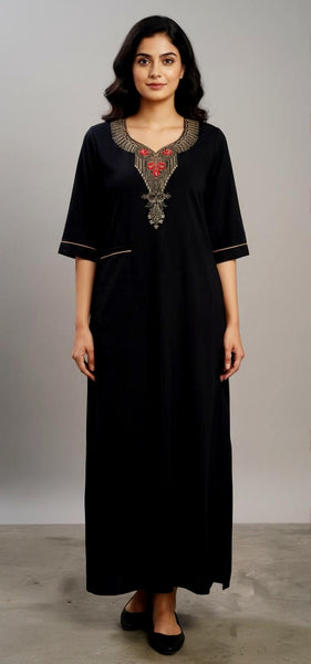 CLYMAA Premium Women's Cashmere Winter Nightgown, Navy Blue, Embroidered Neckline, Long Length