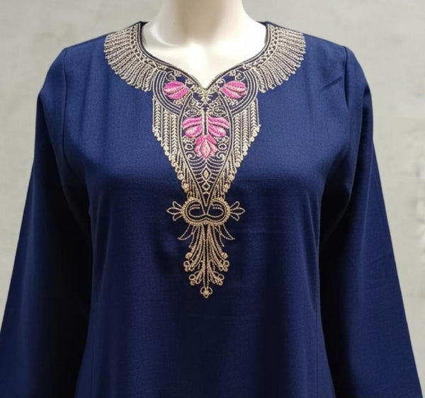 CLYMAA Premium Women's Cashmere Winter Nightgown, Navy Blue, Embroidered Neckline, Long Length