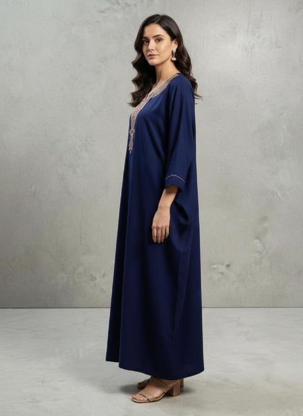 CLYMAA Premium Women's Cashmere Winter Nightgown, Navy Blue, Embroidered Neckline, Long Length