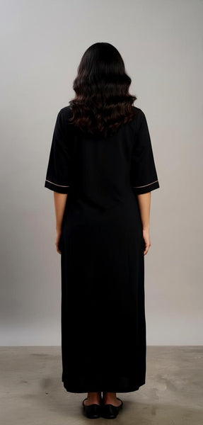 CLYMAA Premium Women's Cashmere Winter Nightgown, Navy Blue, Embroidered Neckline, Long Length