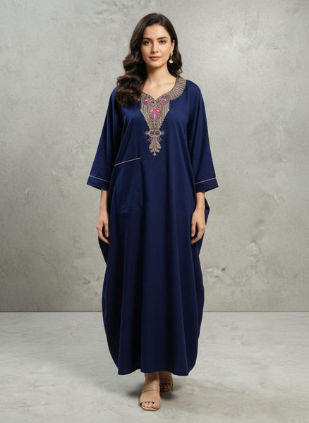 CLYMAA Premium Women's Cashmere Winter Nightgown, Navy Blue, Embroidered Neckline, Long Length