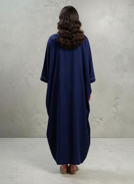 CLYMAA Premium Women's Cashmere Winter Nightgown, Navy Blue, Embroidered Neckline, Long Length