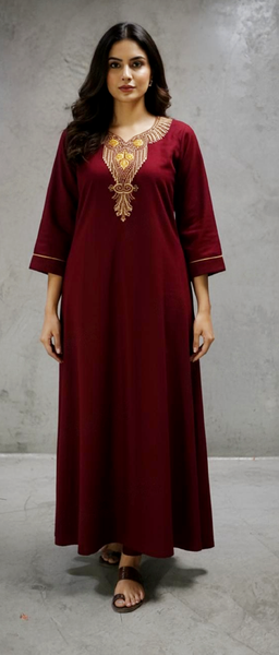 CLYMAA Premium Women's Cashmere Winter Nightgown, Navy Blue, Embroidered Neckline, Long Length