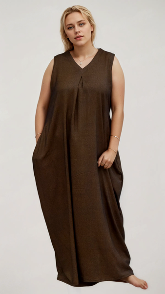Women's Sleeveless Maxi Dress, V-Neck, Loose Fit, with Pockets, Casual Style ( Extra sleeves attached )