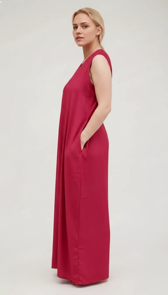 Women's Sleeveless Maxi Dress, V-Neck, Loose Fit, with Pockets, Casual Style ( Extra sleeves attached )