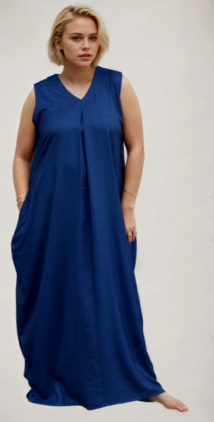 Women's Sleeveless Maxi Dress, V-Neck, Loose Fit, with Pockets, Casual Style ( Extra sleeves attached )