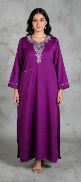 CLYMAA Premium Women's Cashmere Winter Nightgown, Navy Blue, Embroidered Neckline, Long Length