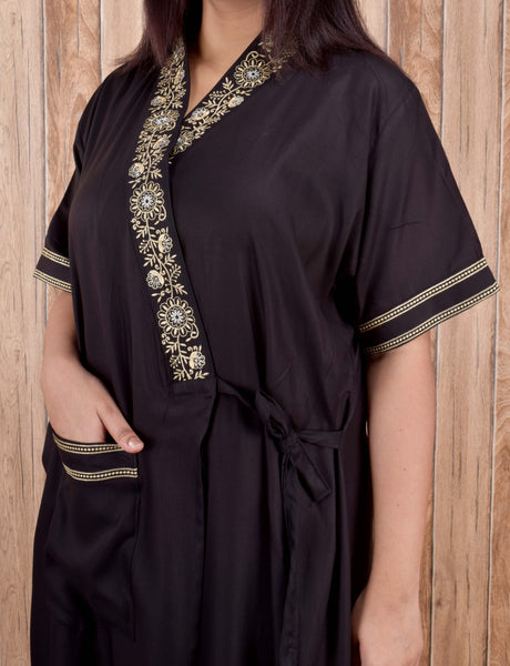 Women's heavy Rayon Maxi Robe,  V-Neck with Gold Embroidery, Short Sleeve, Wrap Style, with Pocket