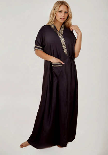 Women's heavy Rayon Maxi Robe,  V-Neck with Gold Embroidery, Short Sleeve, Wrap Style, with Pocket