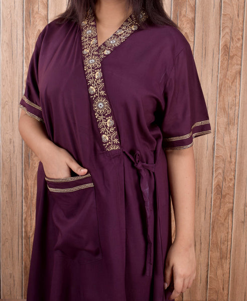 Women's heavy Rayon Maxi Robe,  V-Neck with Gold Embroidery, Short Sleeve, Wrap Style, with Pocket