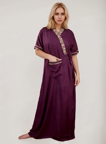 Women's heavy Rayon Maxi Robe,  V-Neck with Gold Embroidery, Short Sleeve, Wrap Style, with Pocket