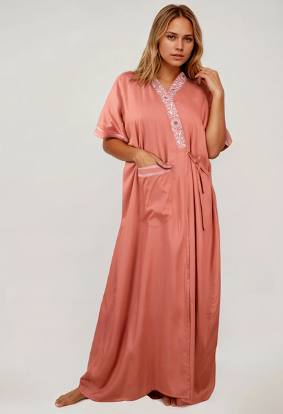Women's heavy Rayon Maxi Robe,  V-Neck with Gold Embroidery, Short Sleeve, Wrap Style, with Pocket