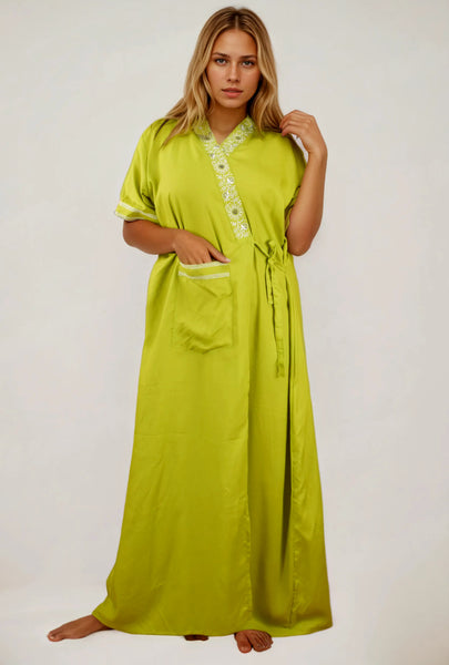 Women's heavy Rayon Maxi Robe,  V-Neck with Gold Embroidery, Short Sleeve, Wrap Style, with Pocket