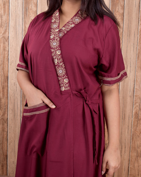 Women's heavy Rayon Maxi Robe,  V-Neck with Gold Embroidery, Short Sleeve, Wrap Style, with Pocket
