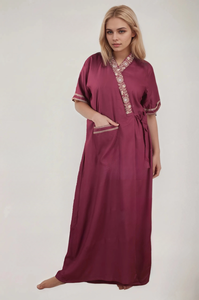 Women's heavy Rayon Maxi Robe,  V-Neck with Gold Embroidery, Short Sleeve, Wrap Style, with Pocket