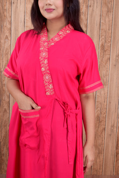 Women's heavy Rayon Maxi Robe,  V-Neck with Gold Embroidery, Short Sleeve, Wrap Style, with Pocket