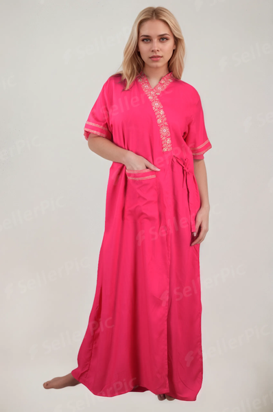 Women's heavy Rayon Maxi Robe,  V-Neck with Gold Embroidery, Short Sleeve, Wrap Style, with Pocket