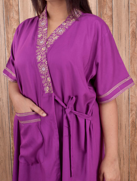 Women's heavy Rayon Maxi Robe,  V-Neck with Gold Embroidery, Short Sleeve, Wrap Style, with Pocket