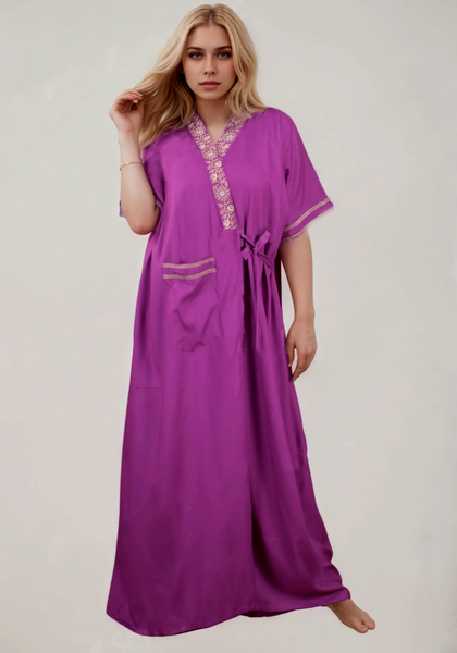 Women's heavy Rayon Maxi Robe,  V-Neck with Gold Embroidery, Short Sleeve, Wrap Style, with Pocket