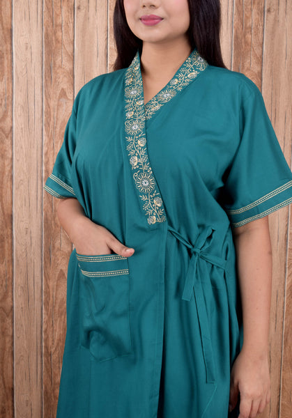 Women's heavy Rayon Maxi Robe,  V-Neck with Gold Embroidery, Short Sleeve, Wrap Style, with Pocket