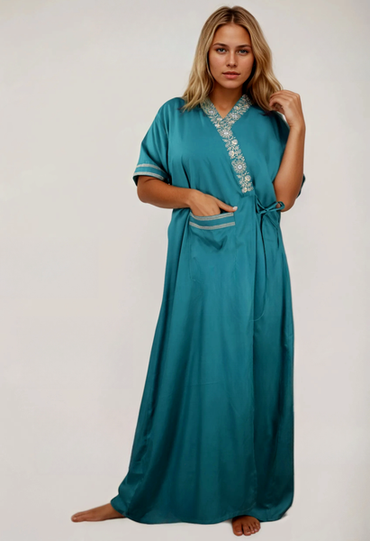 Women's heavy Rayon Maxi Robe,  V-Neck with Gold Embroidery, Short Sleeve, Wrap Style, with Pocket
