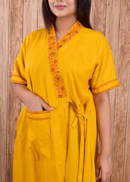 Women's heavy Rayon Maxi Robe,  V-Neck with Gold Embroidery, Short Sleeve, Wrap Style, with Pocket