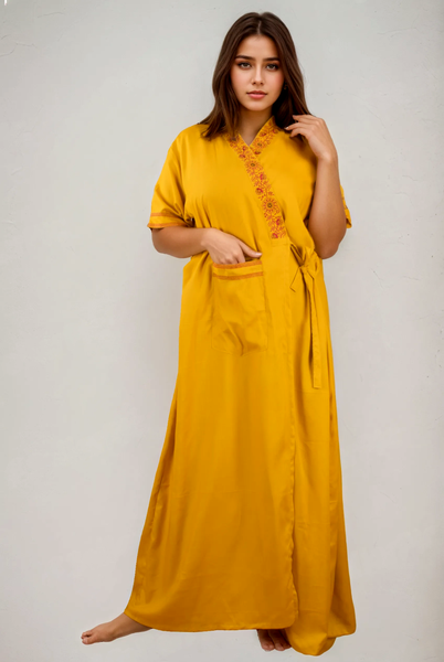 Women's heavy Rayon Maxi Robe,  V-Neck with Gold Embroidery, Short Sleeve, Wrap Style, with Pocket