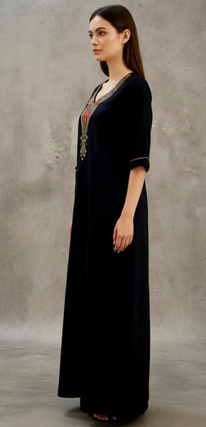 CLYMAA Premium Women's Cashmere Winter Nightgown, Navy Blue, Embroidered Neckline, Long Length