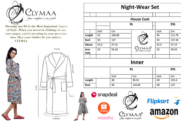 CLYMAA Women Exclusive Pure Cotton Two pcs Night Gown Set Sleeveless Inner with Full Sleeves Robe/Housecoat-(TWSHORT2138008BG)