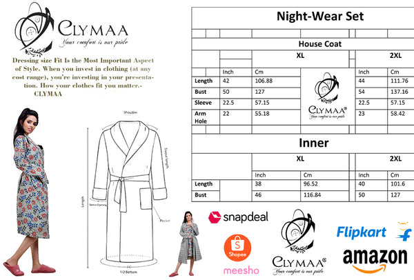 CLYMAA Women Exclusive Pure Cotton Two pcs Night Gown Set Sleeveless Inner with Full Sleeves Robe/Housecoat-(TWSHORT2138007BG)