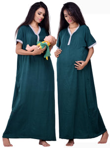 Summer Special Half sleeves front open Hosiery cotton multi purpose nightgown ( Bottle green Color )