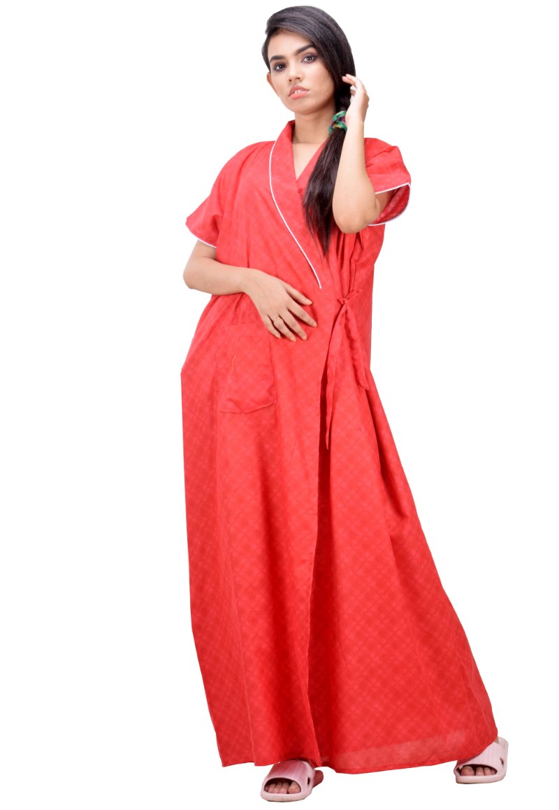 CLYMAA Women's Pure Cotton Half Sleeves Robe/House Coat/Night Gown/ Maternity Gown with Pocket (CHC22245009RD)