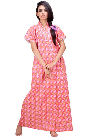 CLYMAA Women's Pure Cotton Half Sleeves  Robe/House Coat/Night Gown/ Maternity Gown with Pocket (CHC22245022RD)