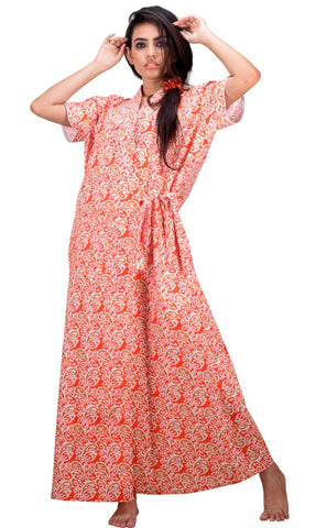 CLYMAA Women's Pure Cotton Half Sleeves Robe/Housecoat/Night/Maternity Gown with Pocket (CHC22245023OR)