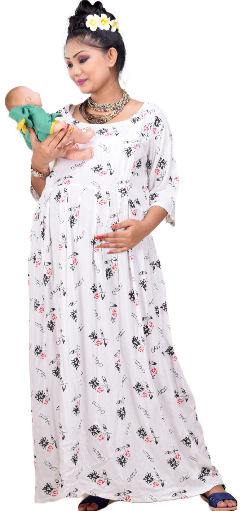 CLYMAA Woman Rayon Maternity Gown/Maternity wear/Feeding gown Sizes XL (FDR2221003WH)