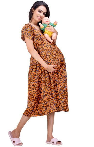 CLYMAA Woman Pure Cotton Midi Length Maternity Gown /Maternity wear/ Feeding Gown ( XL to 3XL ) (FEEDINGFIRL2126005ORXL)