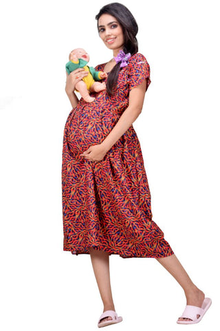 CLYMAA Woman Pure Cotton Midi Length Maternity Gown /Maternity wear/ Feeding Gown ( XL to 3XL ) (FEEDINGFIRL2126005RD)