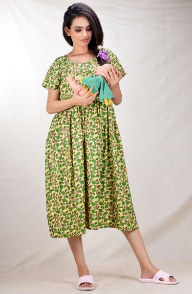 CLYMAA Woman Pure Cotton Midi Length Maternity Gown /Maternity wear/ Feeding Gown ( XL to 3XL ) (FEEDINGFIRL2126006BG)