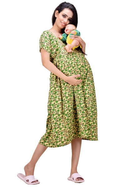 CLYMAA Woman Pure Cotton Midi Length Maternity Gown /Maternity wear/ Feeding Gown ( XL to 3XL ) (FEEDINGFIRL2126006BG)