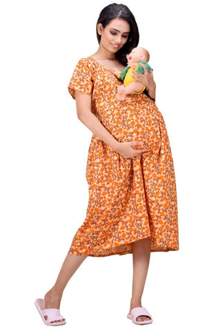 CLYMAA Woman Pure Cotton Midi Length Maternity Gown /Maternity wear/ Feeding Gown ( XL to 3XL ) (FEEDINGFIRL2126006OR)