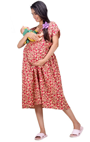 CLYMAA Woman Pure Cotton Midi Length Maternity Gown /Maternity wear/ Feeding Gown ( XL to 3XL ) (FEEDINGFIRL2126006BGPK)