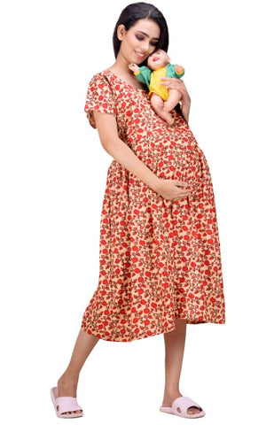 CLYMAA Woman Pure Cotton Midi Length Maternity Gown /Maternity wear/ Feeding Gown ( XL to 3XL ) (FEEDINGFIRL2126006BGRD)