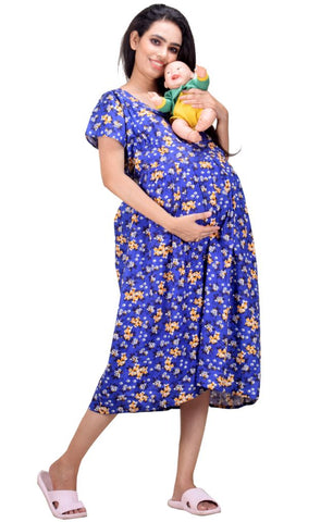 CLYMAA Woman Pure Cotton Midi Length Maternity Gown /Maternity wear/ Feeding Gown ( XL to 3XL ) (FEEDINGFIRL2126007BL)