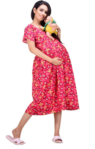 CLYMAA Woman Pure Cotton Midi Length Maternity Gown /Maternity wear/ Feeding Gown ( XL to 3XL ) (FEEDINGFIRL2126007PK)