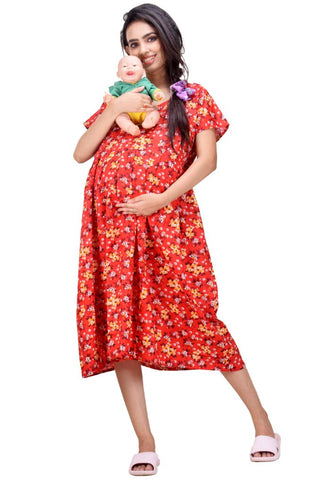 CLYMAA Woman Pure Cotton Midi Length Maternity Gown /Maternity wear/ Feeding Gown ( XL to 3XL ) (FEEDINGFIRL2126007RD)
