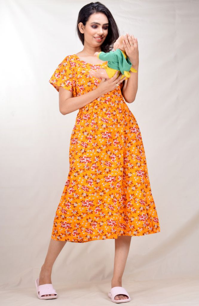 Buy FEMEZONEWomen's Pure Cotton Feeding Nighty Dress with Zipper Baby Feeding  Gown(Green Bandhej) at Amazon.in