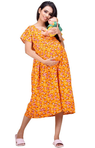 CLYMAA Woman Pure Cotton Midi Length Maternity Gown /Maternity wear/ Feeding Gown ( XL to 3XL ) (FEEDINGFIRL2126007Y)