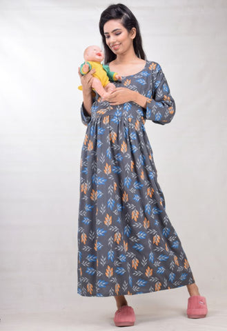 CLYMAA Woman Rayon Cotton Maternity Gown/Maternity wear/Feeding gown Sizes L to 3XL (FEEDINGR2126001GY)